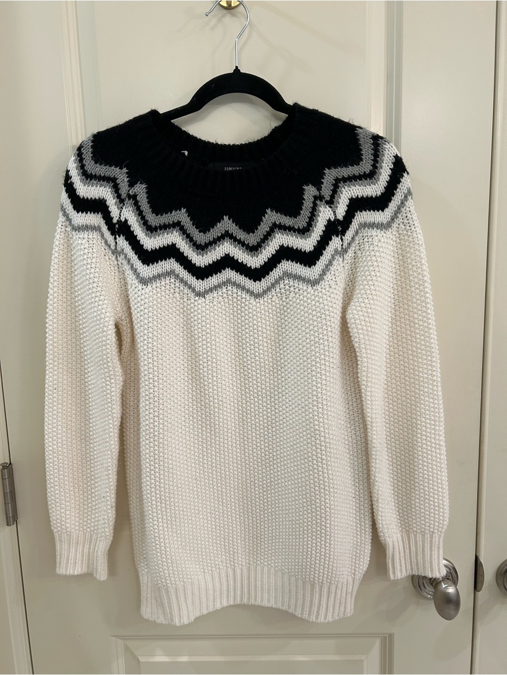 Forever 21 Cream Knit Crewneck Sweater with Black & Gray Chevron